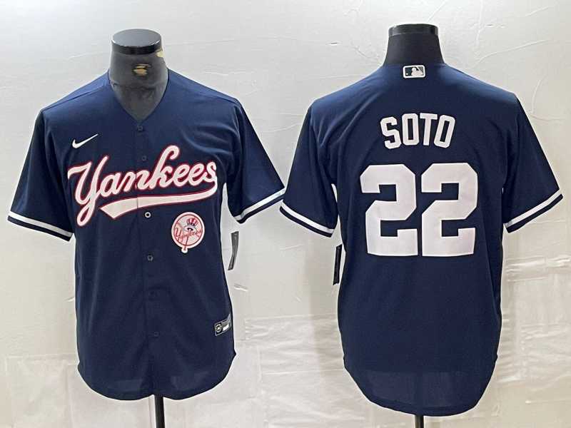 Mens New York Yankees #22 Juan Soto Navy With Patch Cool Base Stitched Baseball Jersey